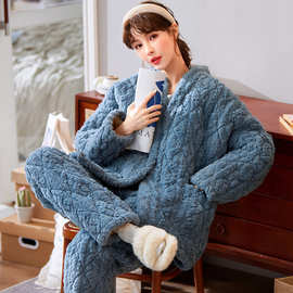 保暖穿的冬季三层夹棉女开衫和服睡衣加厚休闲女家居服