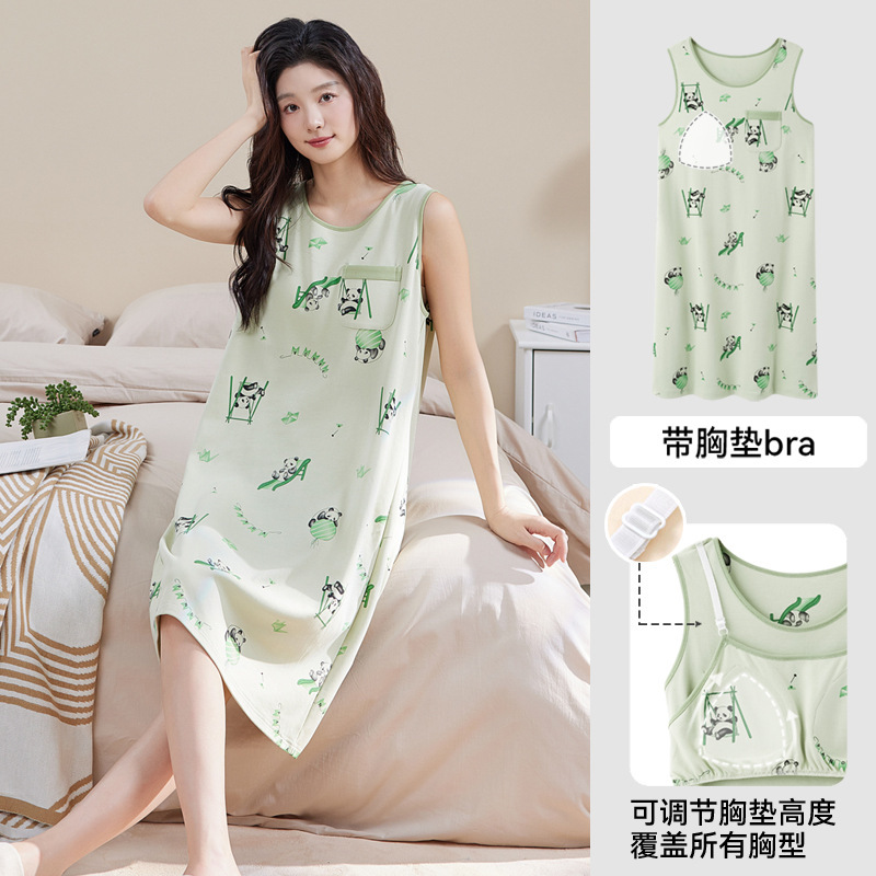 Thin Nightgown for Women, Summer Pure Cotton Pajamas, Korean Style Sweet Dress, Fat mm Sexy Home Wear with Breast Pad Skirt