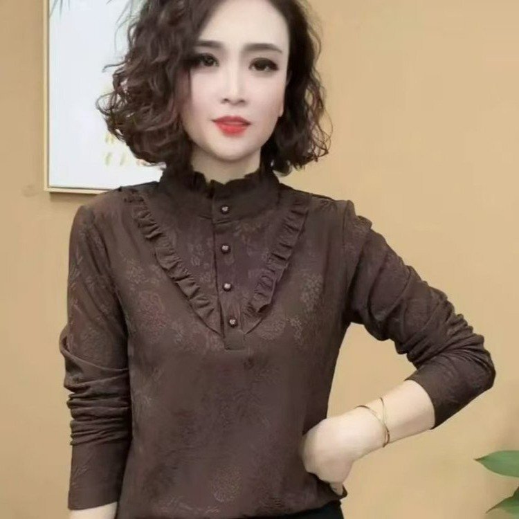 Lace fleece-lined Jacquard Base Shirt Live Explosions Stylish Fashion Slimming Middle-aged and Elderly Mother