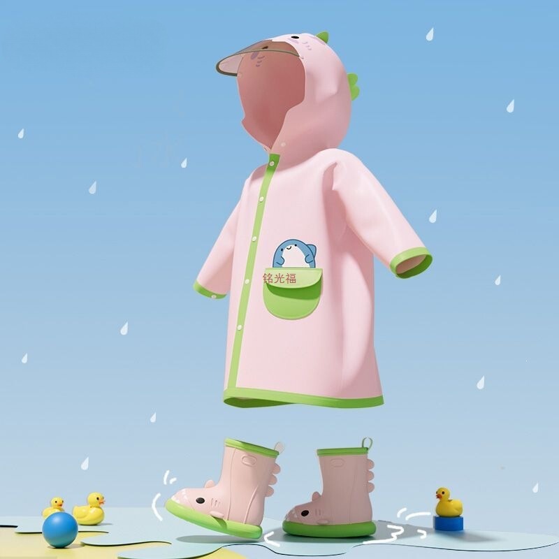 Children's raincoat for boys and girls, cute little shark toddler baby raincoat and rain boots set with backpack space for elementary school students