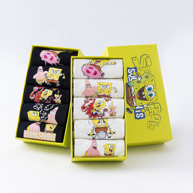 Socks Boxed Printed Spongebob Squarepants Short-Tube Summer Thin Cotton Cartoon Boat Socks Low-Top Preppy Style Ins Trendy Socks