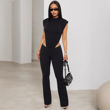 亚马逊欧美跨境女装圆领无袖两侧镂空黑色连体上衣紧身长裤两件套