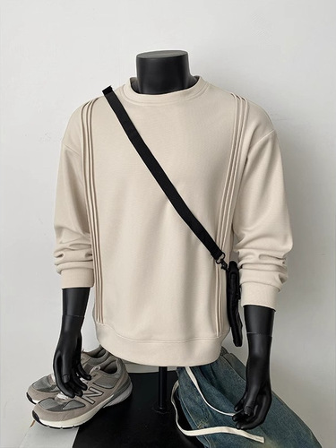 Black American Heavyweight Sweatshirt for Men Spring Retro Crew Neck Design-Oriented Niche Hoodie Streetwear Base Coat