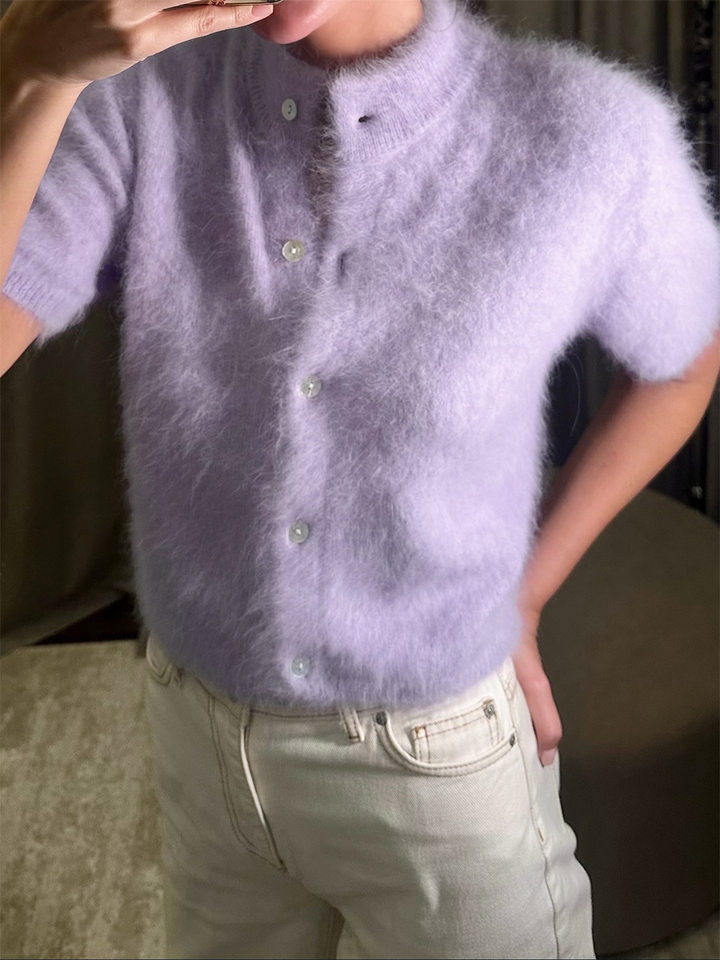 Áo cardigan dệt kim tay ngắn cổ bán cao ôm dáng phong cách retro — Màu hồng, Màu hồng cánh sen, Màu trắng, Màu tím chi tiết 25
