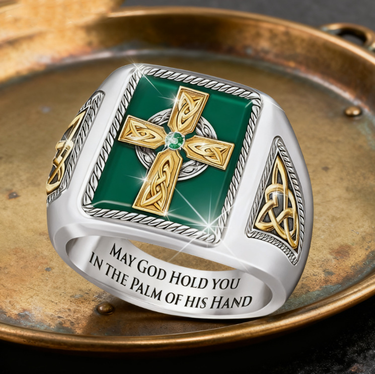Hot Selling Irish Celtic Blessing Ring 18K Gold Plated Cross Emerald Green Ring for Men