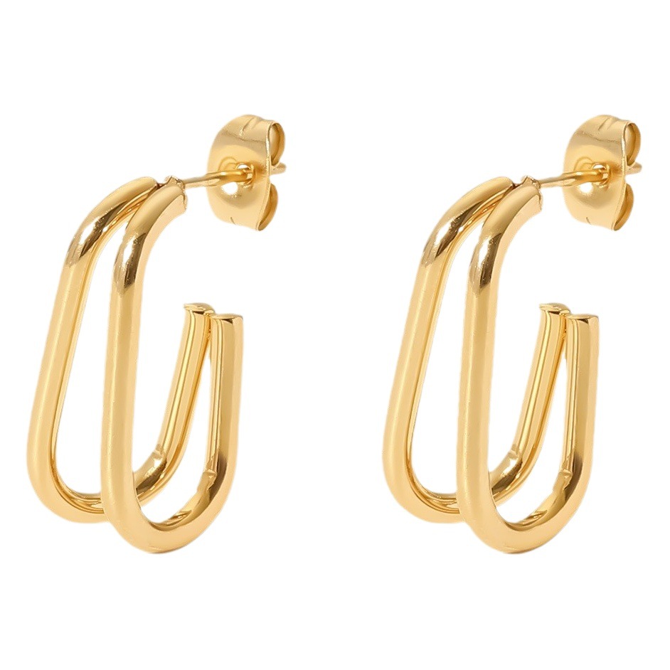 Pendientes de aro de acero inoxidable chapados en oro de 18k estilo europeo y americano, pendientes circulares de titanio de doble capa con líneas geométricas para mujer, lujo ligero.