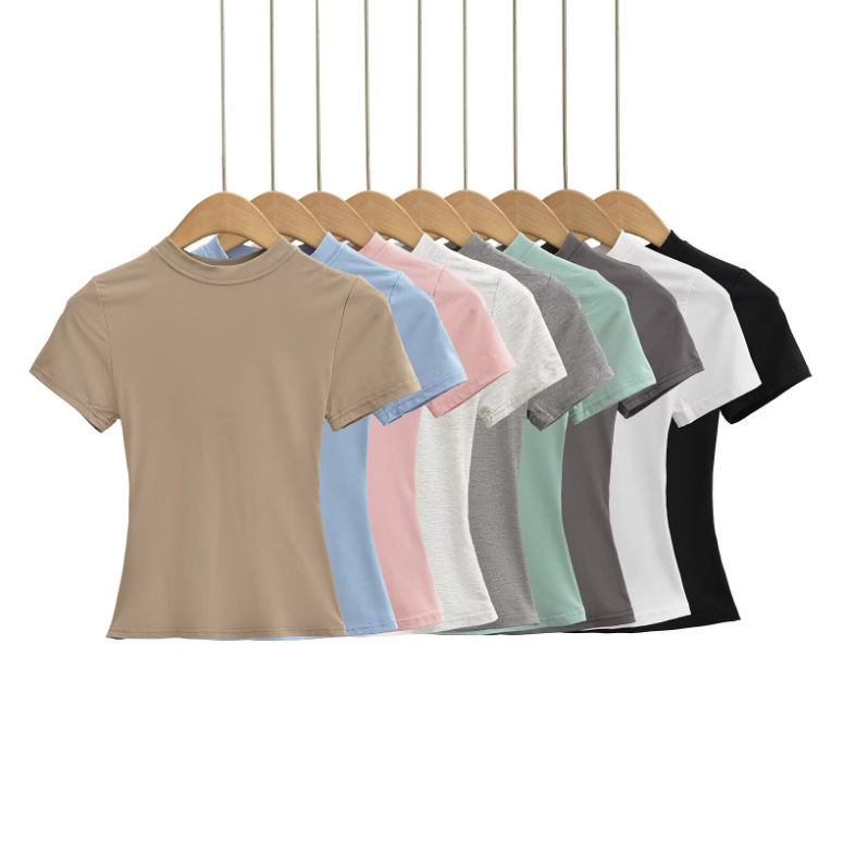 25 Summer New Female Spice Girls Solid Color Kardashian Same Style Round Neck Slim Fit Short Base-Layer Shirt Basic Short-Sleeved T-Shirt 25 Summer New Female Spice Girls Solid Color Kardashian Same Style Round Neck Slim Fit Short Base-Layer Shirt Basic Short-Sleeved T-Shirt