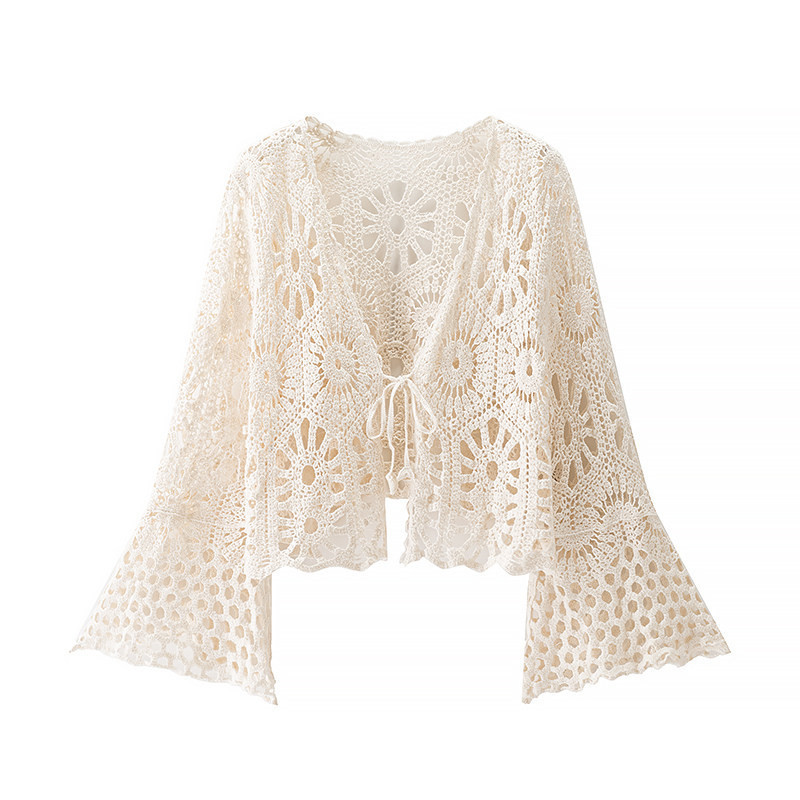 2026 New Summer Style Bohemian Resort Style Hook-And-Loop Lace-Up Knitted Cardigan Women's V-Neck Bell-Sleeved Top