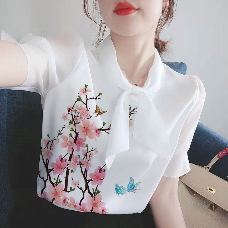 夏の新型女性tシャツ半袖韓国版痩せプリント減齢百合洋気隠しマフラー襟ママシャツ|undefined