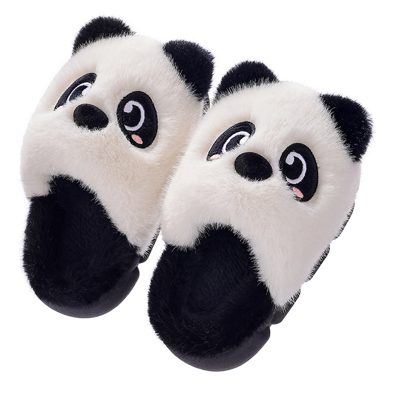 Otoño y invierno zapatillas de algodón para niños, niñas y niños, lindos pandas cálidos, peluche para niños, bolsas de peluche para bebés, zapatos de talón de algodón