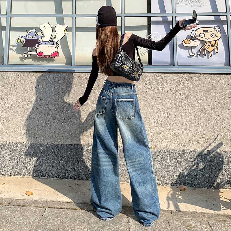 批发代发美式辣妹复古高腰宽松阔腿裤垂感直筒牛仔裤牛仔裤女秋季|undefined