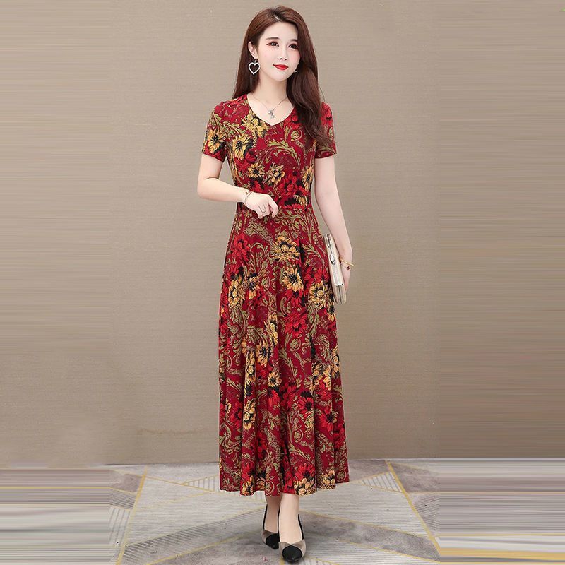 Foreign Trade Women's 2022 Large Size Loose Elegant Dress Women's Summer New Mother Dress Slim-fit Slimming Printed Long Dress Foreign Trade Women's 2022 Large Size Loose Elegant Dress Women's Summer New Mother Dress Slim-fit Slimming Printed Long Dress