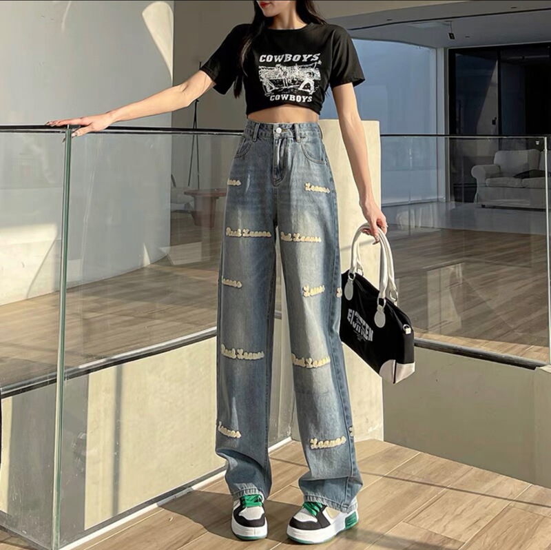 Women's Straight-Leg Loose Jeans with English Patch, 2025 New High-Waisted Slimming Petite Wide-Leg Floor-Length Pants