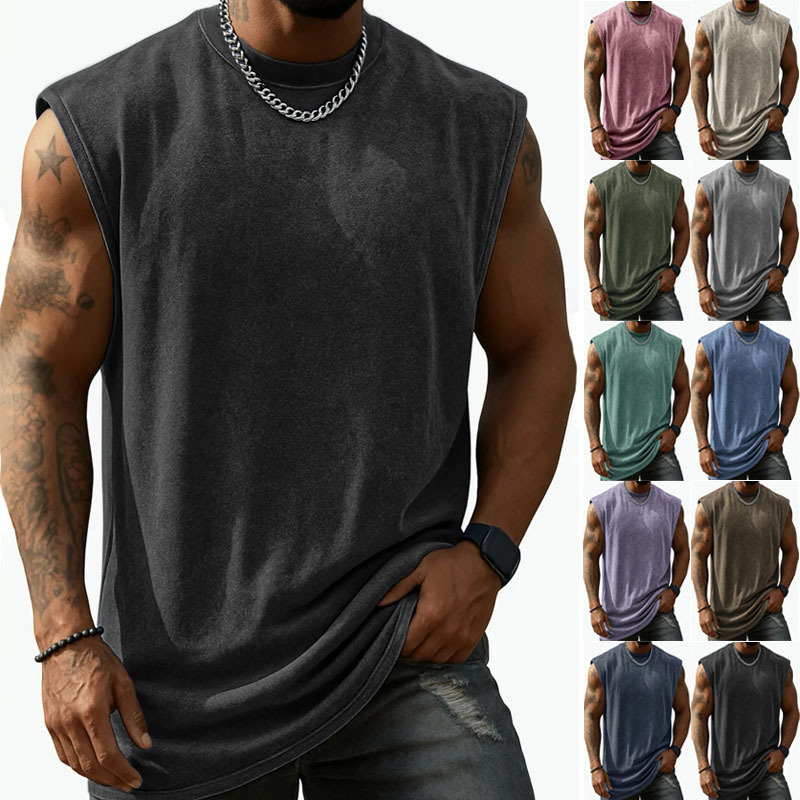European and American Cross-Border Summer Men's Pure Cotton Vintage Washed Distressed Pure Cotton Sleeveless Loose Fitness Heavyweight T-Shirt Vest