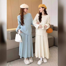 韩系温柔风针织软糯毛衣套装泡泡袖慵懒风毛衣高腰半身裙两件套女