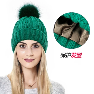 流行保护保暖跨境女士弹力发型色丁针织帽欧美毛线帽丝滑宽松