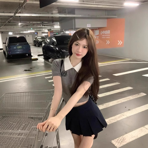 OAJER European and American Style Children's Clothing Flagship Eagle Same Style Women's Student Woolen Sweater Women's Summer Knit Polo Neck Short Sleeve Top