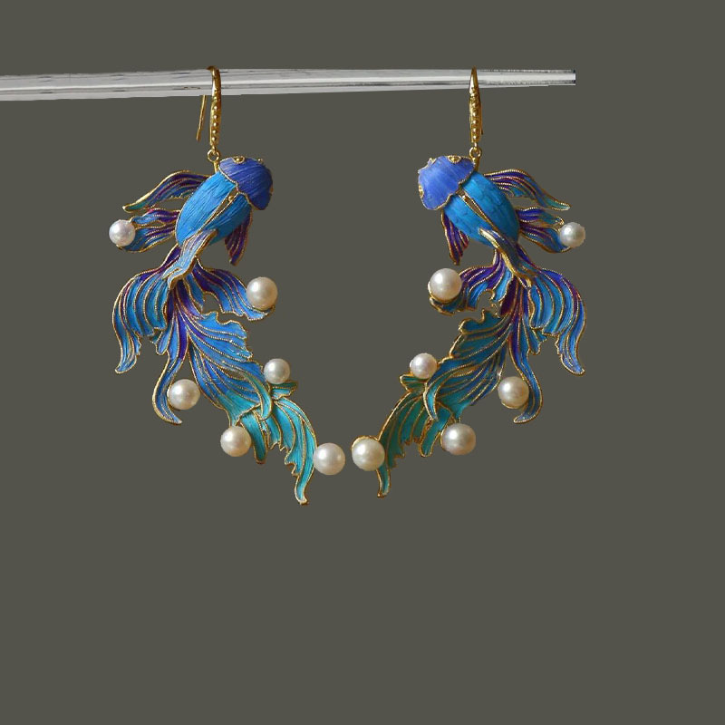 Abundance Every Year~ New Chinese-Style Enamel Oil-Drip Goldfish Earrings, Fashionable National Style Tassel High-End Koi Fish Earrings