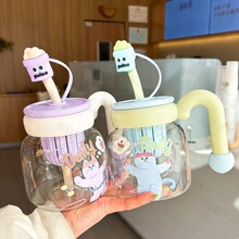 健身猫办公单层高硼硅玻璃杯 卡通水杯 牛奶杯 高颜值咖啡把手杯