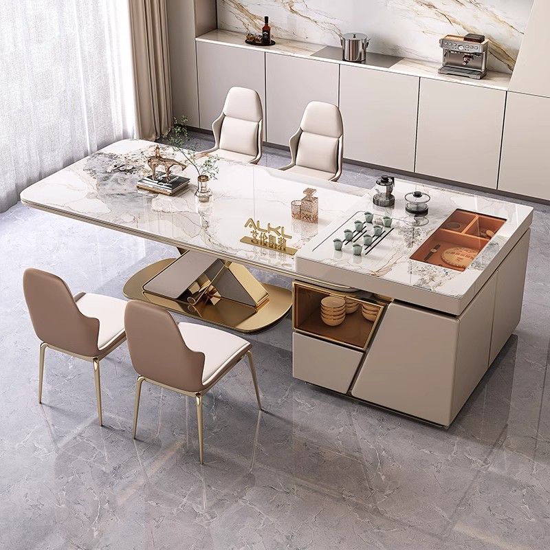 Rock Board Dining Table and Chair Combination Imported Light Rectangular Living Room Light Luxury High-end Retractable Island Table Villa Dining Table