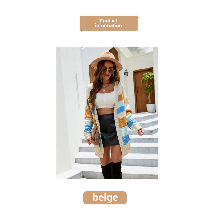 European and American Casual Contrast Color Sweater Coat Women's 2022 New Loose Mid-length Top Autumn and Winter Outer Knitted Cardigan_voghion.com