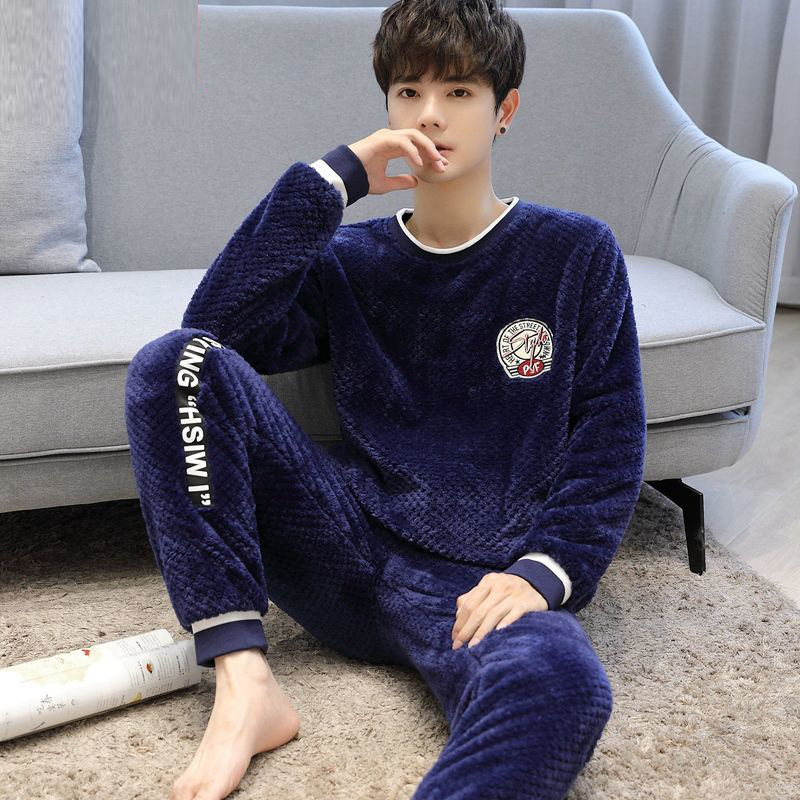 남성 잠옷 가을, 겨울 두꺼운 벨벳 겨울 산호 벨벳 따뜻한 청소년 슈퍼 두꺼운 가정 의류 세트