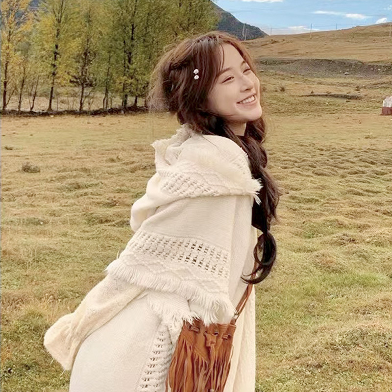 Chal tipo capa de punto estilo étnico bosque para viajes_voghion.com