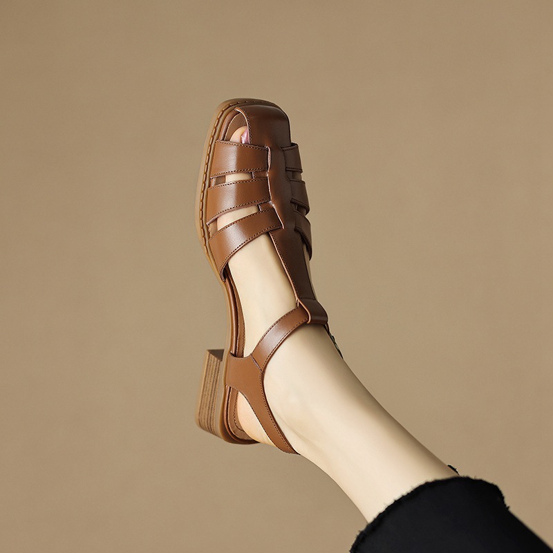 Sandal bít mũi dệt cổ điển nữ quai chữ T gót thấp da bò — Màu nâu đậm chi tiết 12