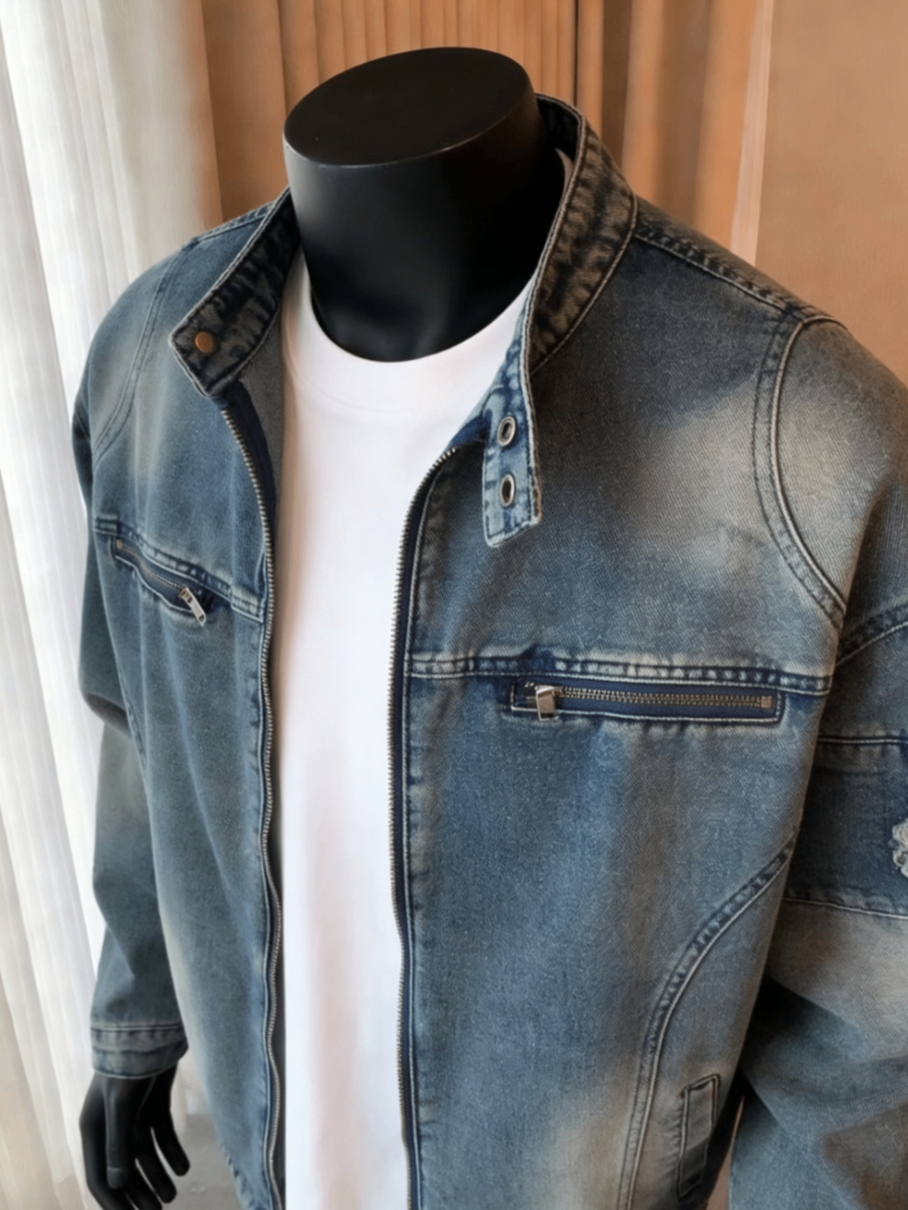 Men's Denim Jacket Washed Motorcycle Style Loose Casual Zipper_voghion.com