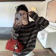 实拍 复古条纹圆领长袖t恤女装秋冬新款韩版慵懒风宽松上衣91049