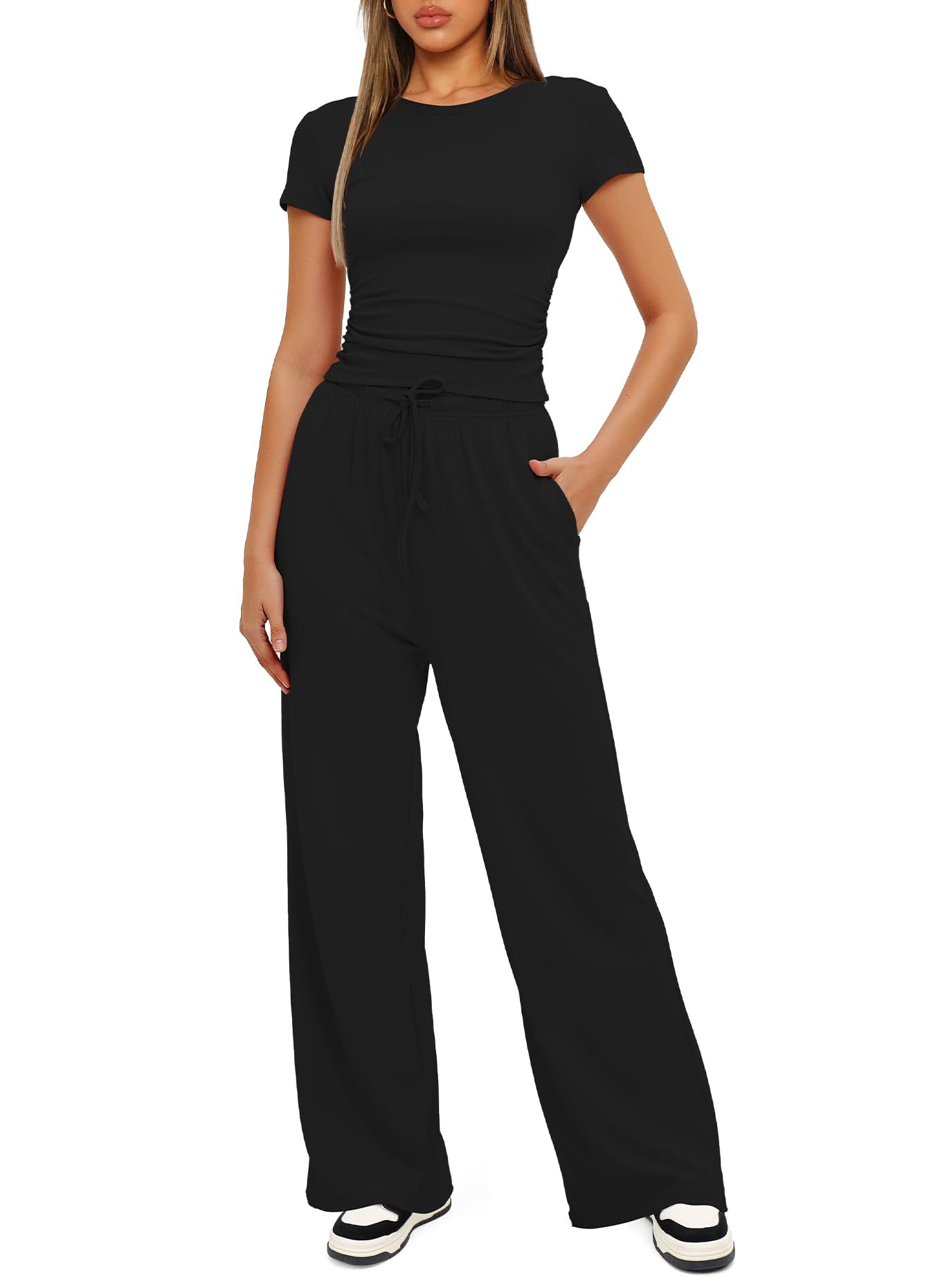 European American Foreign Trade Women's 2-piece Casual Set: Ruffled Short-sleeve Top And High-waisted Wide-leg_ecoleips.com