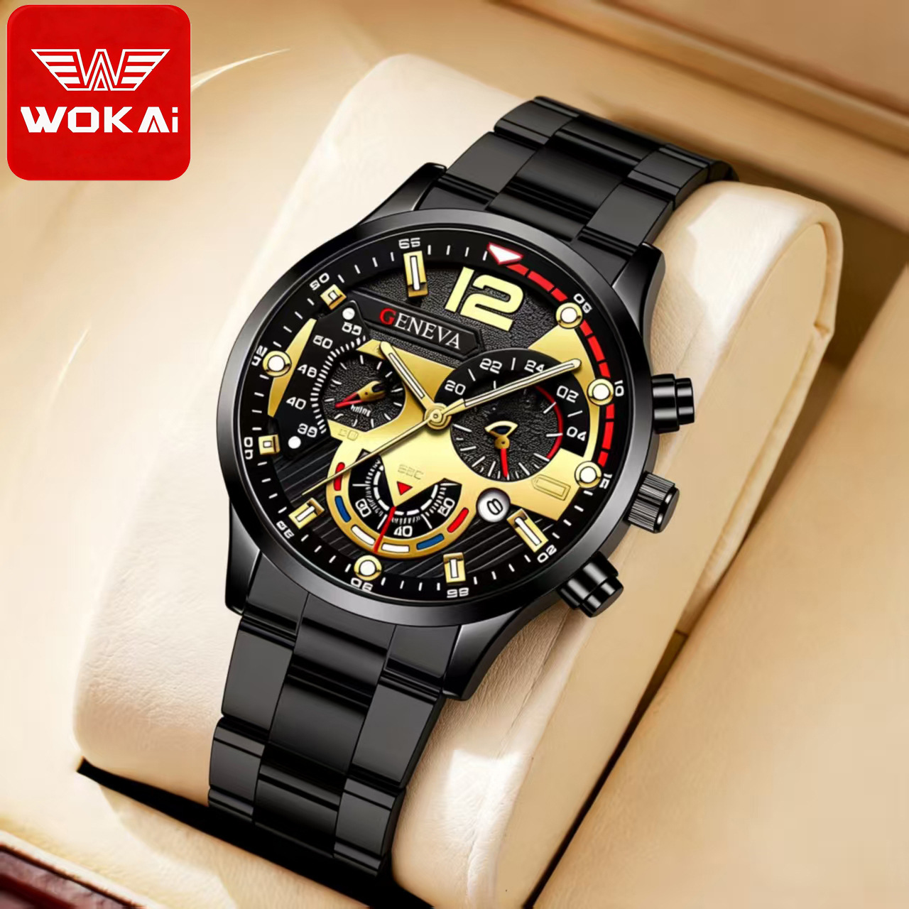 Cross-Border Hot-Selling New Men's Steel Band Calendar Quartz Watch, Sports Luminous Pointer Quartz Watch for Men