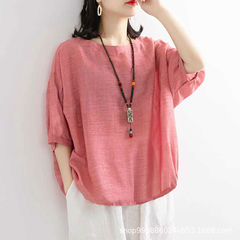 2024 spring and summer new women's clothing, foreign trade retro literary cotton linen T-shirt, loose bat short-sleeved base shirt top