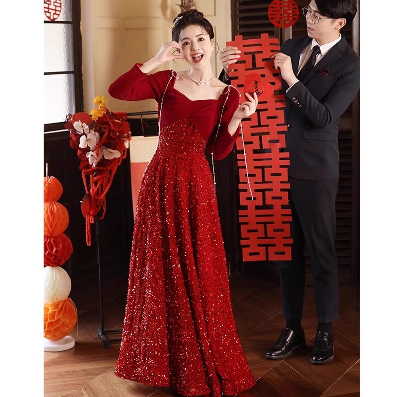 Wedding Toast Dress for the Bride, High-End Velvet Long Sequined Gown, Homecoming Engagement Dress for Women, Spring Season Wedding Toast Dress for the Bride, High-End Velvet Long Sequined Gown, Homecoming Engagement Dress for Women, Spring Season