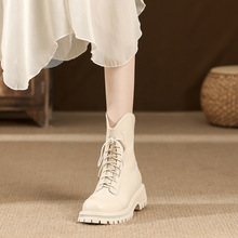 白色馬丁靴女2022年秋冬季新款厚底靴子女百搭牛皮短靴女系帶單靴