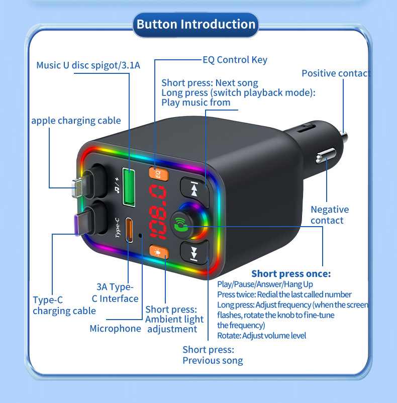 Ebay Cross-Border Factory Supply Car Bluetooth Receiver Supports Lossless Music Playback Car Mobile Phone Fast Charging