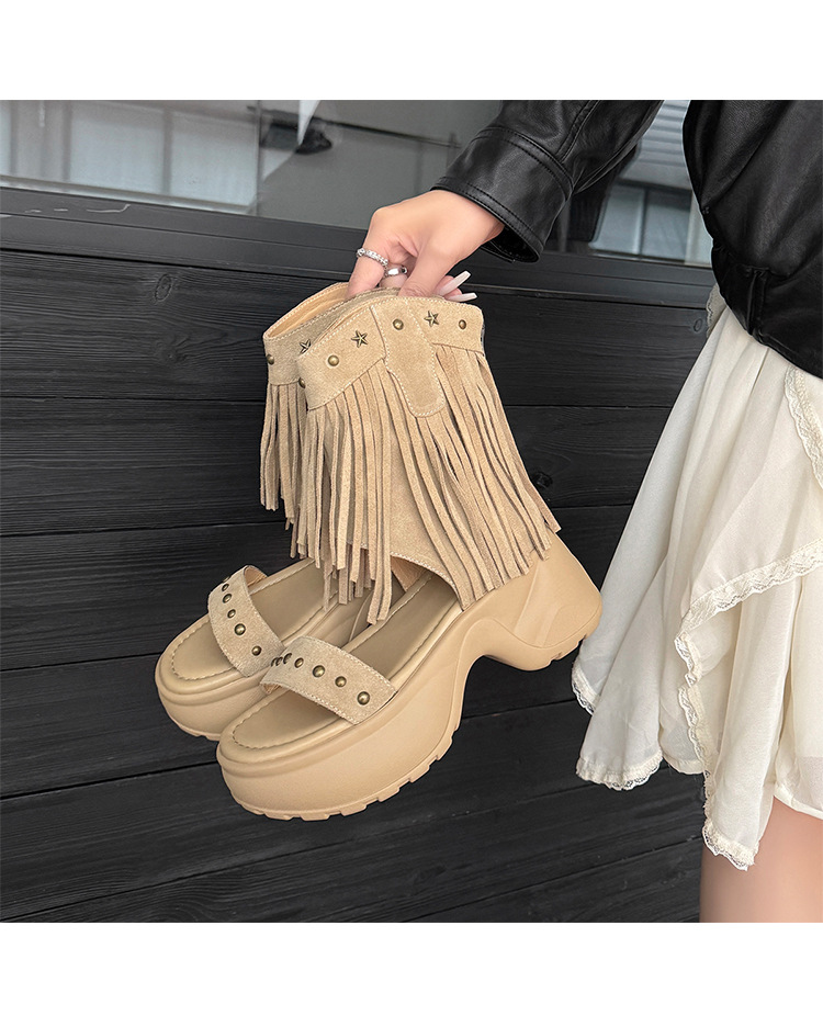 Boot nữ cổ thấp đế xuồng cao gót 9 cm, mũi hở phong cách phương Tây, tua rua đinh tán — Màu caramel, màu mơ chi tiết 22