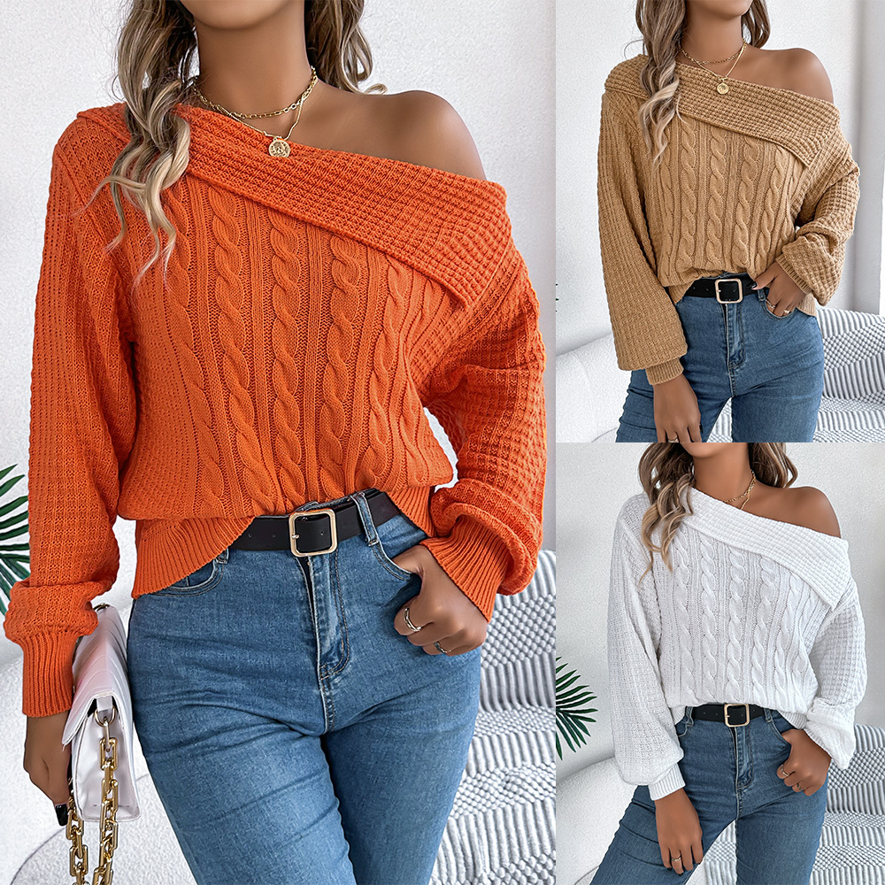 Women's Clothing casual sexy lapel off shoulder twist long sleeved pullover sweater _voghion.com
