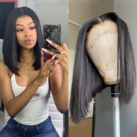 欧美前蕾丝假发女士中分BoBo头短直发化纤高温丝时尚内扣头套短发