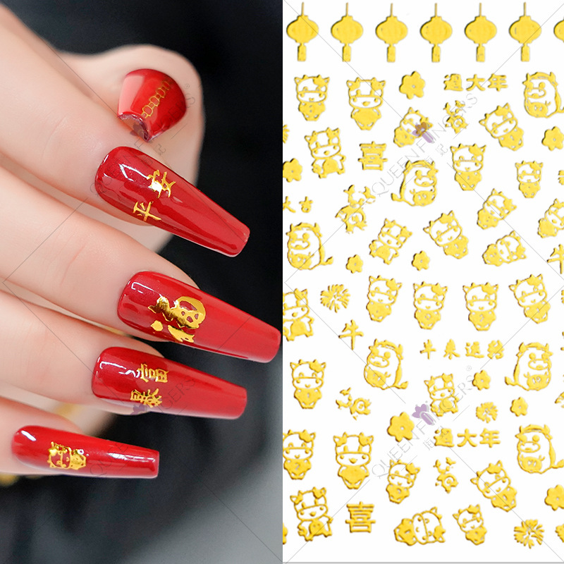 Dedo bowknot diamante bronceado DIY pasta de uñas gato línea geométrica buey Año Nuevo serie manicura pegatinas