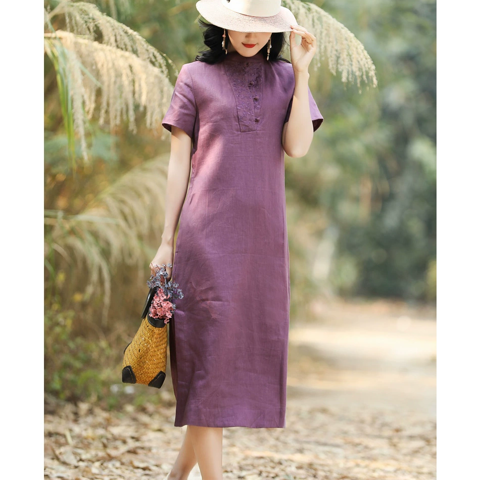 2021 летняя новая художественная женская одежда льняное длинное платье с короткими рукавами и вышивкой халат чайная одежда оптом