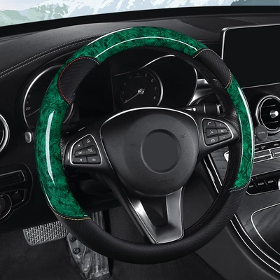 Steering wheel cover – Sweat-Absorbent Crystal Peach Wood Grain - emerald-green-36cm-round