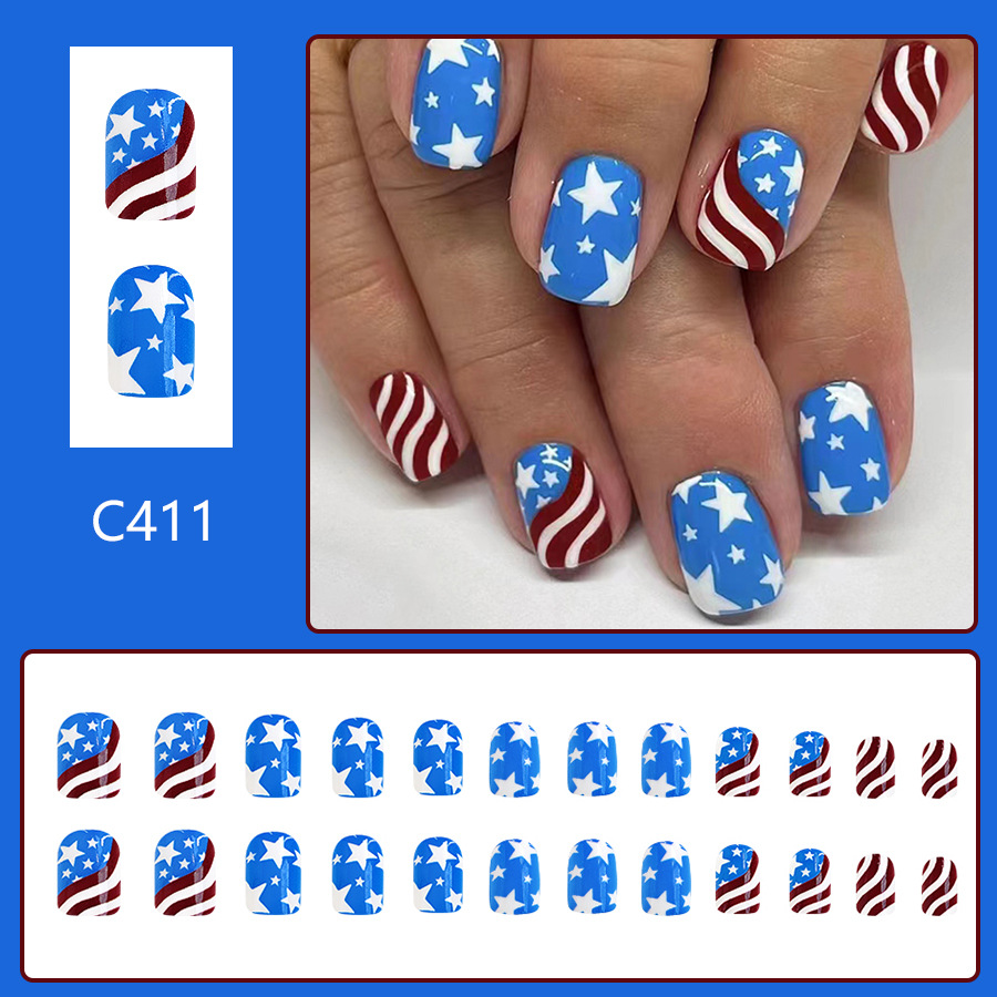 Short bright red and blue color matching color stripe independent day wear nail art American five-pointed star foreign trade nail art 24 pieces_voghion.com