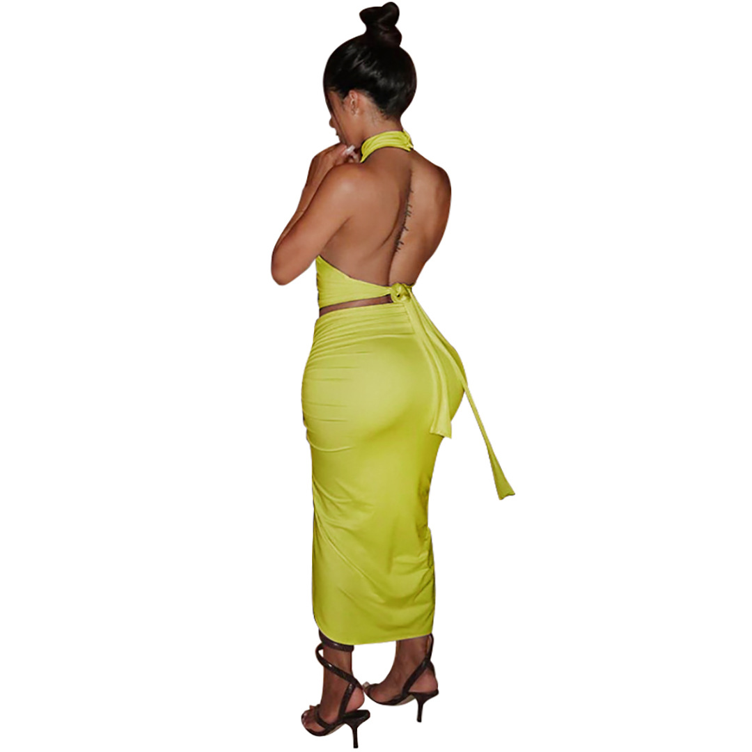 Summer Women Clothing Solid Color round Neck Cropped Backless Top Drawstring Mid Length Dress Set