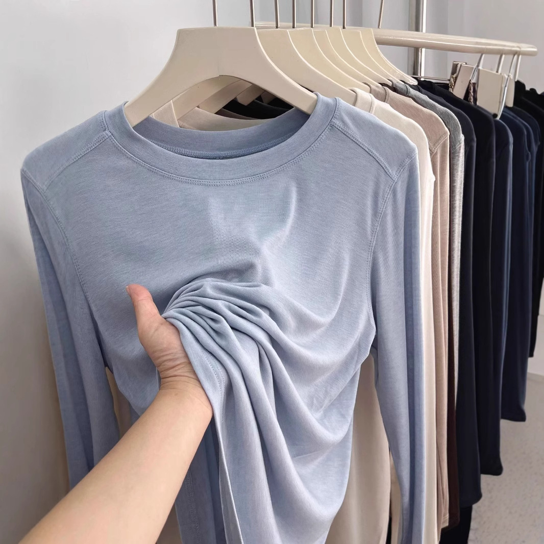 软绵轻感正肩薄款t恤女长袖2025春夏内搭简约纯色修身上衣打底衫