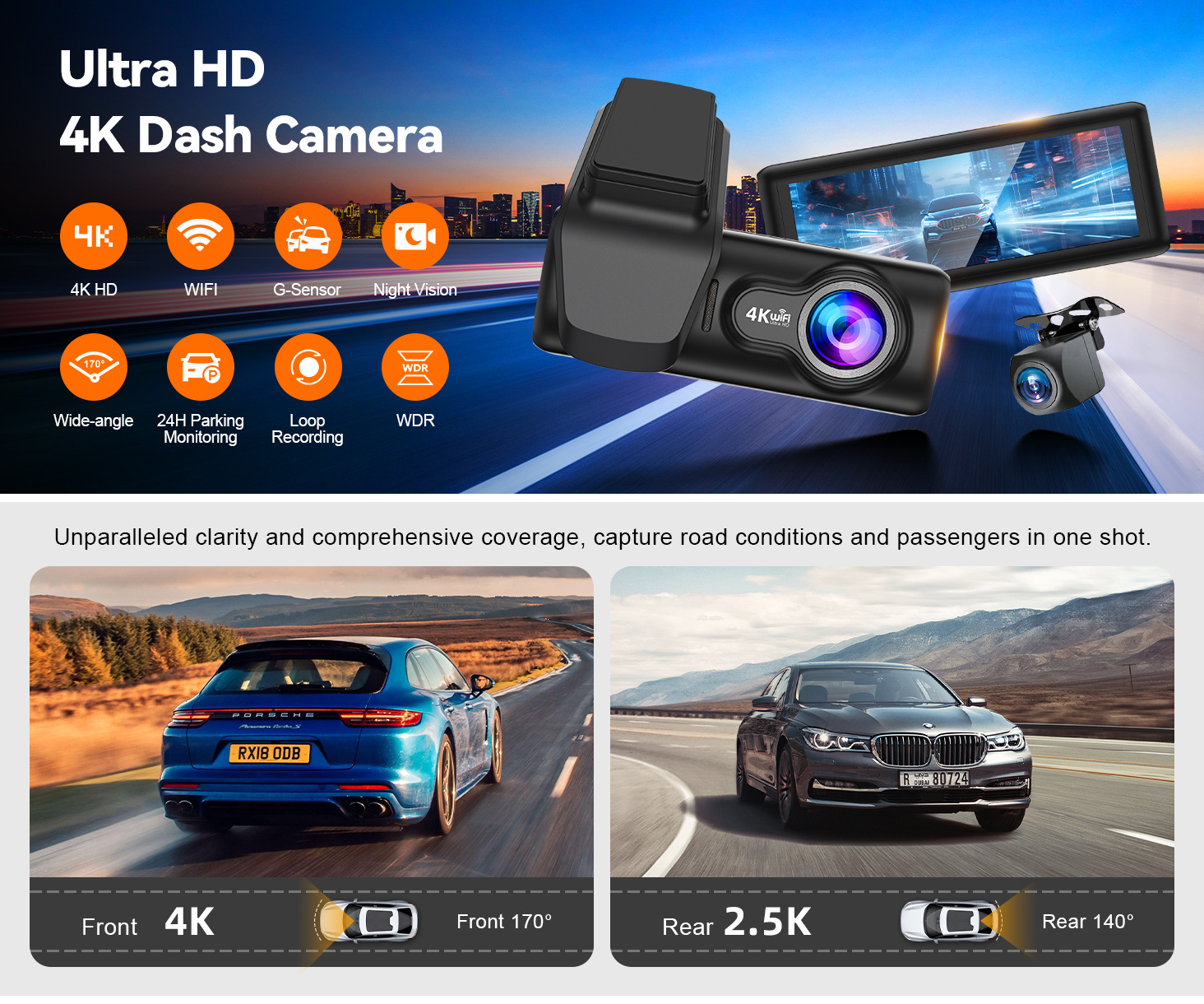 4K Dual Lens Hidden Car Dash Cam Front and Rear 3.2 inch Night Vision