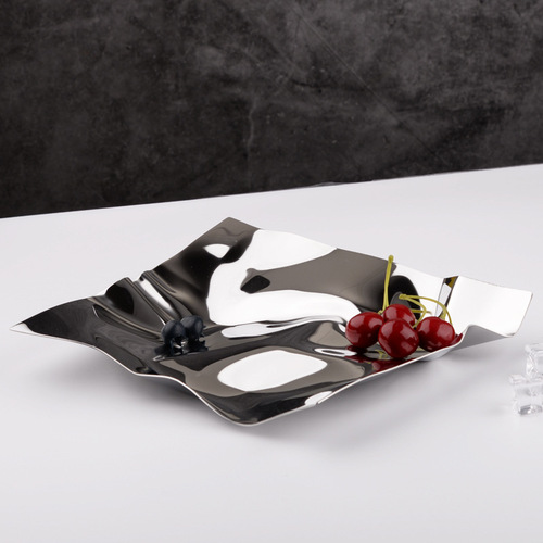 Creative stainless steel fruit plate model room living room decoration jewelry storage metal tray wavy pattern irregular fruit plate