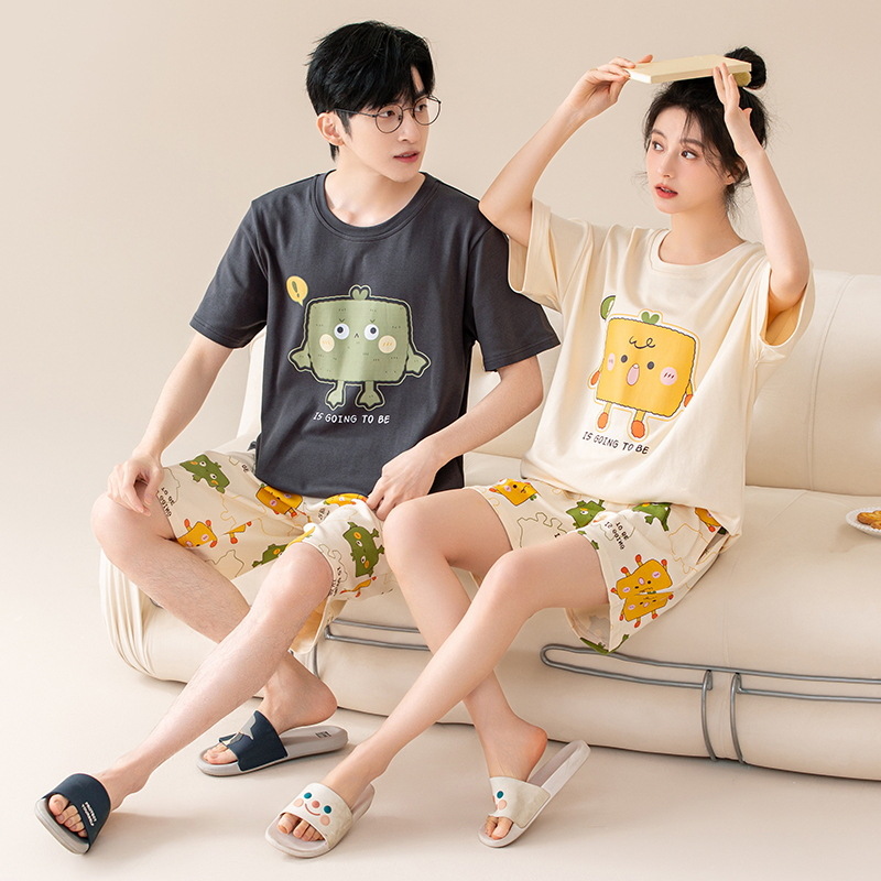 [Antibacteriano] Pijamas de pareja de verano de algodón puro para hombres y mujeres de manga corta de dibujos animados lindo casual se puede usar fuera del traje de servicio a domicilio