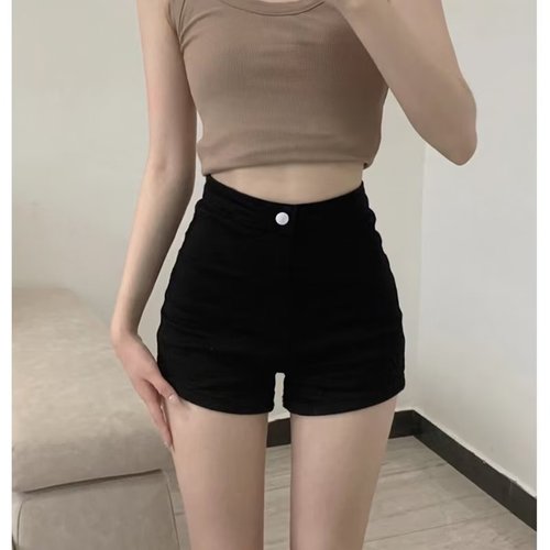Black tight denim shorts for women in summer, high-waisted, slim hot girl butt-covering hot pants, elastic outer wear super shorts pants