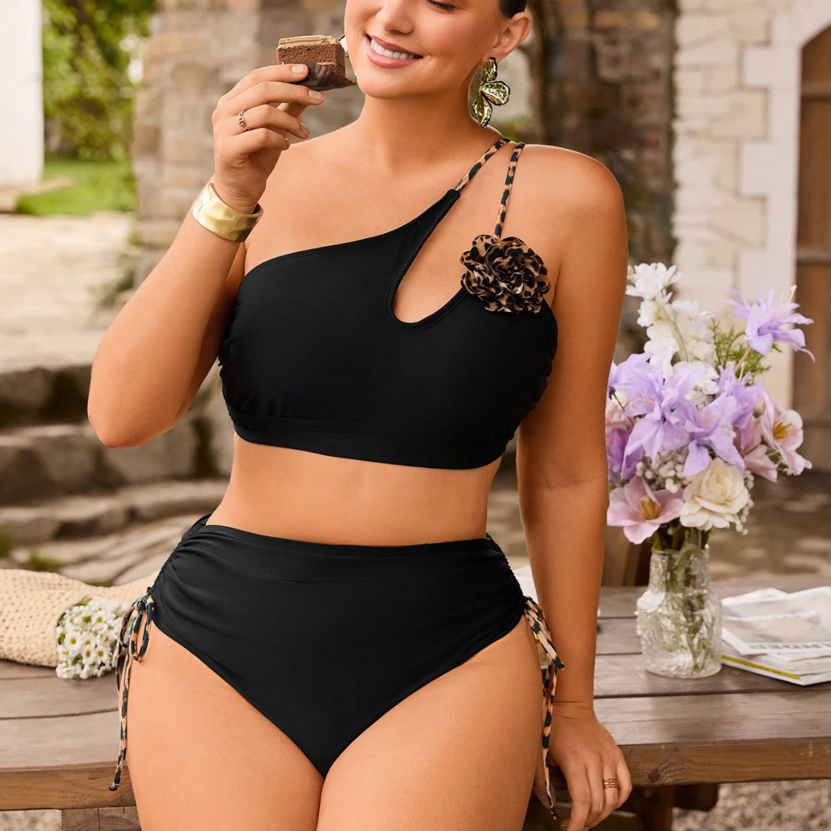 26 European and American Large Size Oblique One-Shoulder Beautiful Back Bra Nude Sports Bra Asymmetrical Shoulder Strap Bikini Swimsuit Set